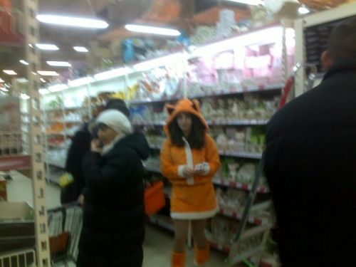 Промоутери одягнуті в костюми лисичок і роздають рекламу у гіпермаркеті Сільпо.